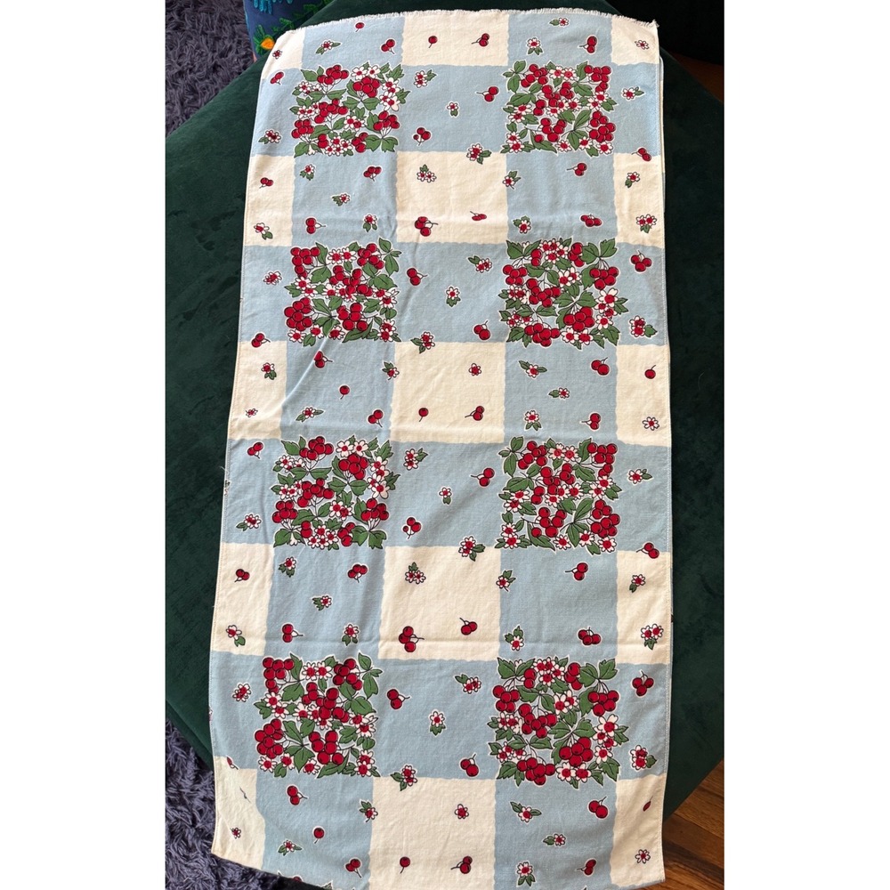 Vintage Cherry Floral Checkerboard Fabric Runner Blue White Red Cotton 71x17